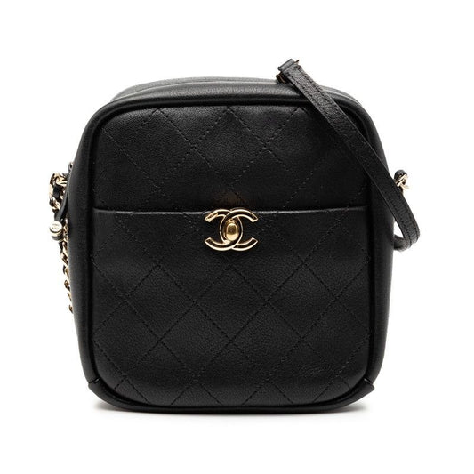 Chanel Quilted Coco Mark Chain Shoulder Bag Black Leather