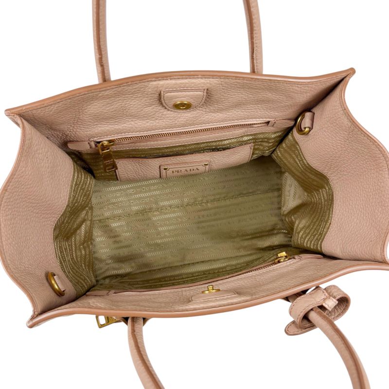 Prada 2WAY Tote Shoulder Bag Vittero Dino Leather Triangle Logo Pink Beige