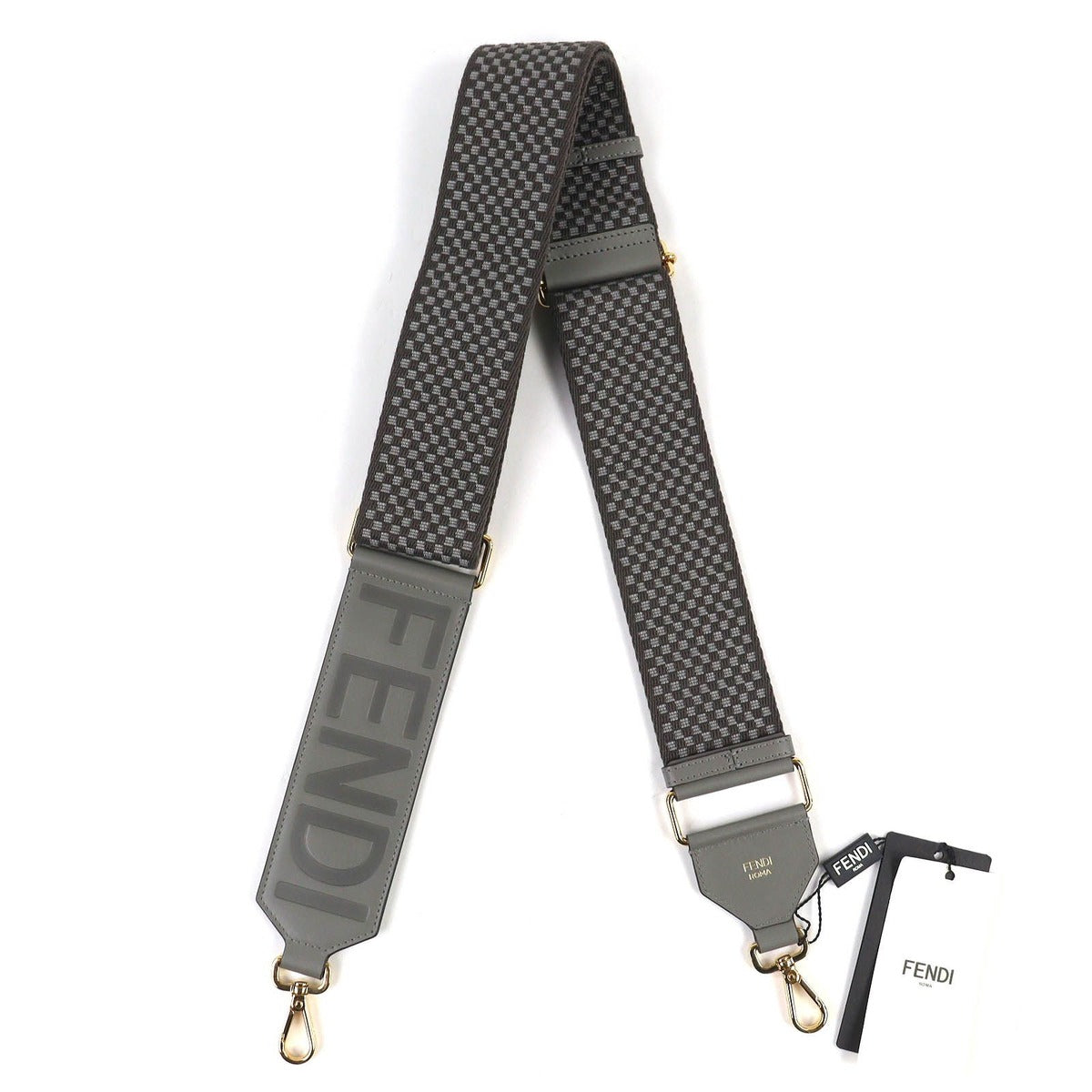 Fendi Strap Canvas Leather Logo Checkered Pattern Shoulder Gray