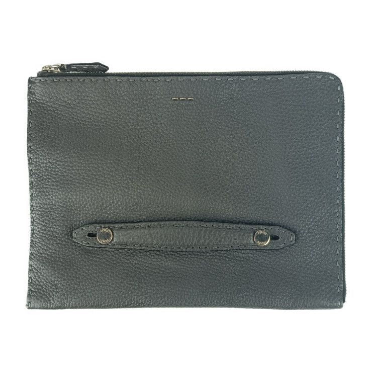 Fendi Clutch Bag Selleria 7 M0225 Gray Silver Hardware Leather Second
