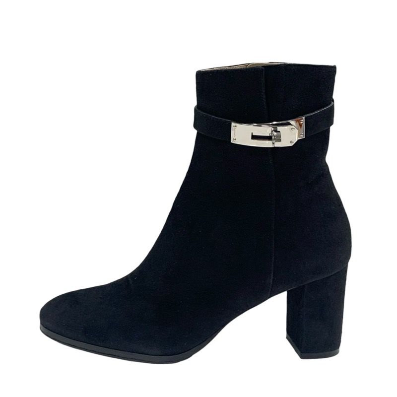 Hermes Saint Germain Boots Short Boots Shoes Suede Black Silver Kelly Hardware