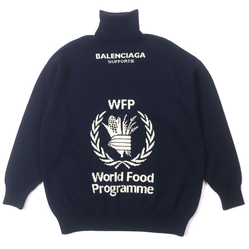 Balenciaga 542688 100% Wool WFP Logo Oversized Turtleneck Knit Sweater Navy S