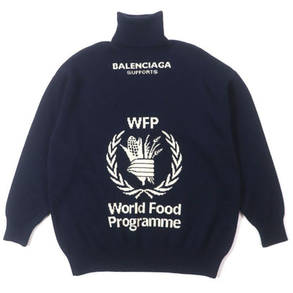 Balenciaga 542688 100% Wool WFP Logo Oversized Turtleneck Knit Sweater Navy S