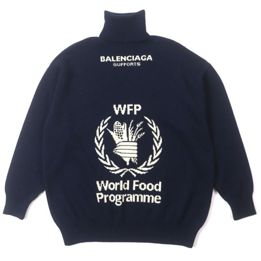 Balenciaga 542688 100% Wool WFP Logo Oversized Turtleneck Knit Sweater Navy S
