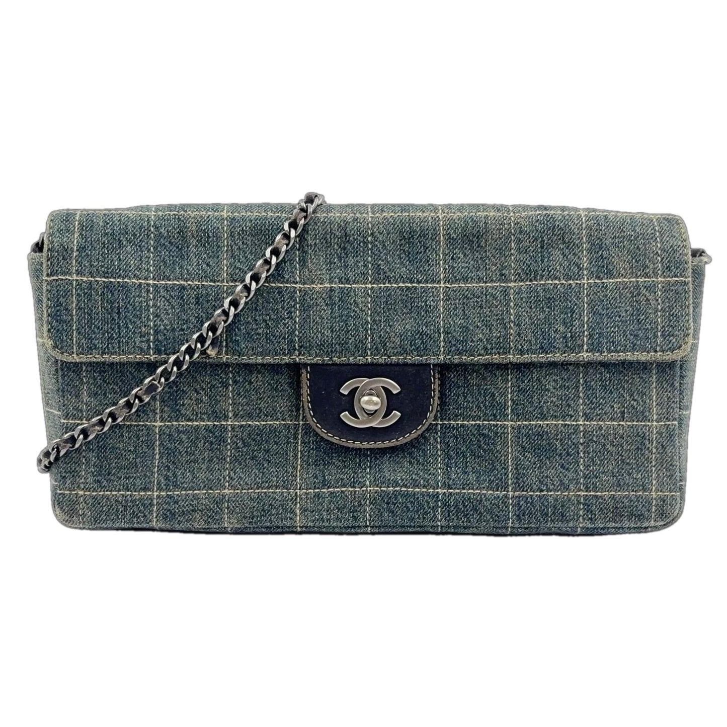 Chanel Choco Bar Chain Shoulder Bag Denim Navy Silver