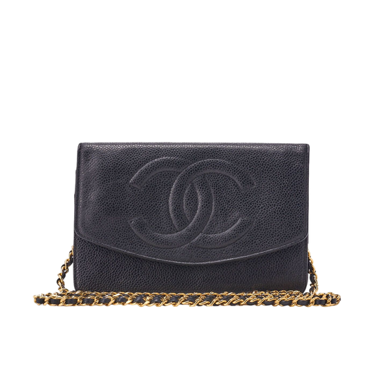 Chanel Shoulder Bag Chain Wallet Caviar Skin Black Silver Hardware Push Lock