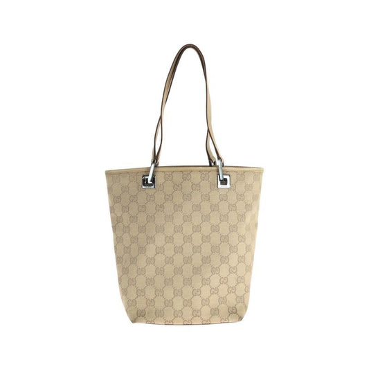 Gucci Beige Brown Silver Hardware GG Canvas Leather 31244 Tote Bag
