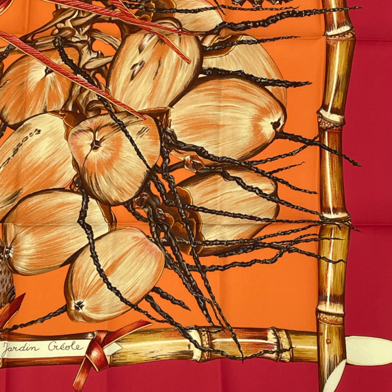 Hermes Carre 90 Jardin Creole Cles Or's Paradise Silk Scarf Red