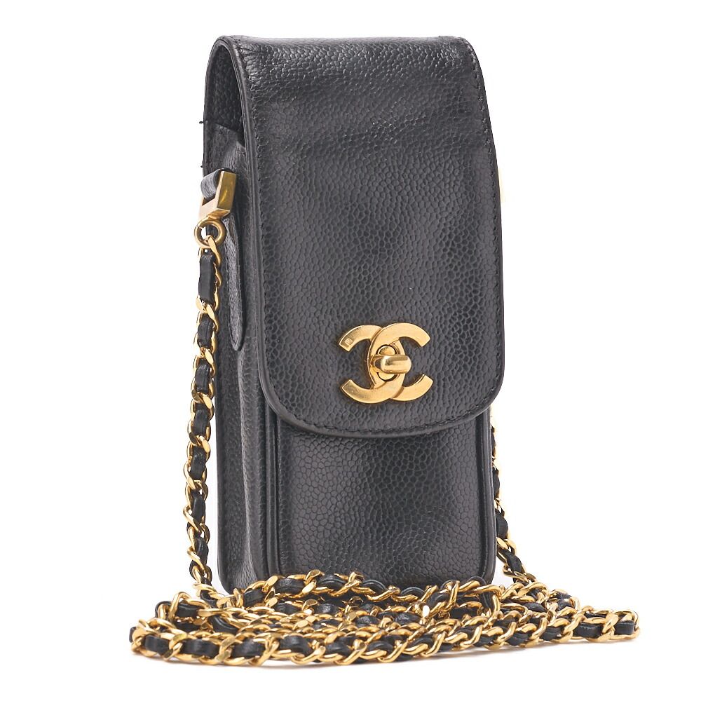Chanel Shoulder Bag Pouch Caviar Skin Black Gold Hardware Turnlock Vertical