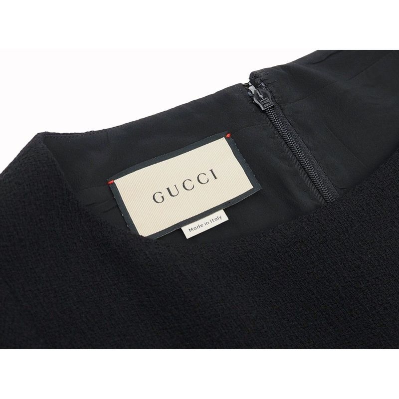 Gucci Wool Dress Short Sleeves Round Neck Slit Black Gold Tone GG Button #40