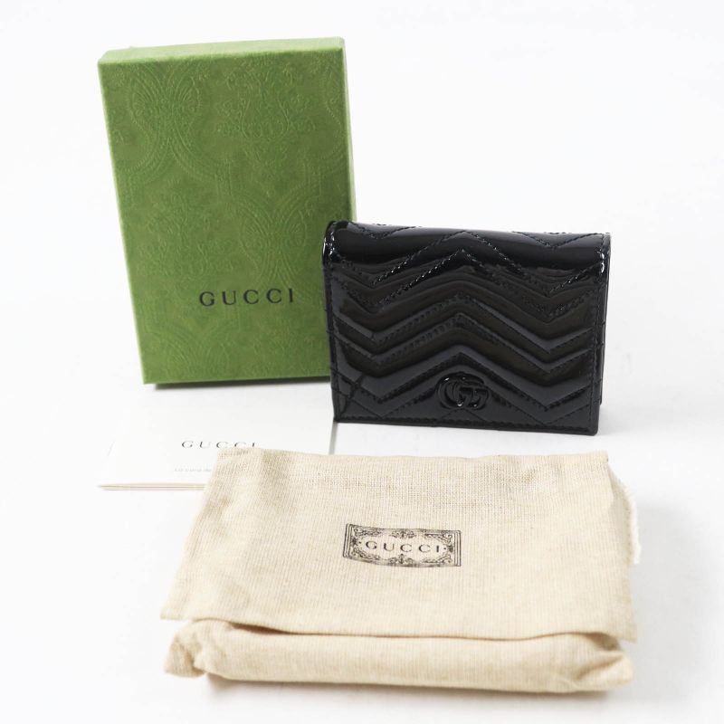 Gucci 466492 GG Marmont Patent Leather Bifold / Compact Wallet Black With Box