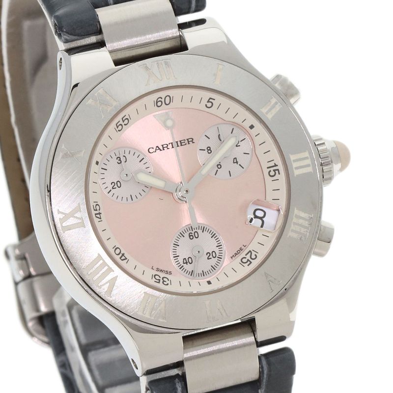 Cartier W1020012 Chronoscaf SM Wristwatch SS Leather Ladies