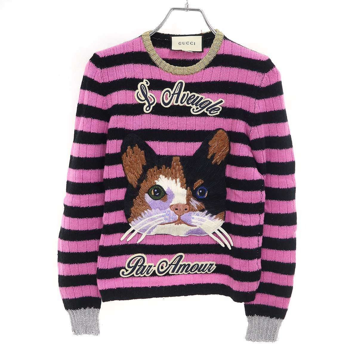 Gucci Cat Border Wool Cashmere Knit Sweater Pink Black XS