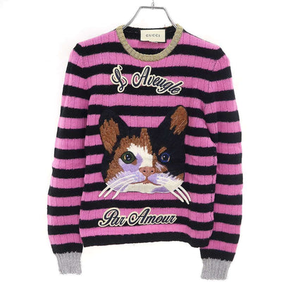 Gucci Cat Border Wool Cashmere Knit Sweater Pink Black XS