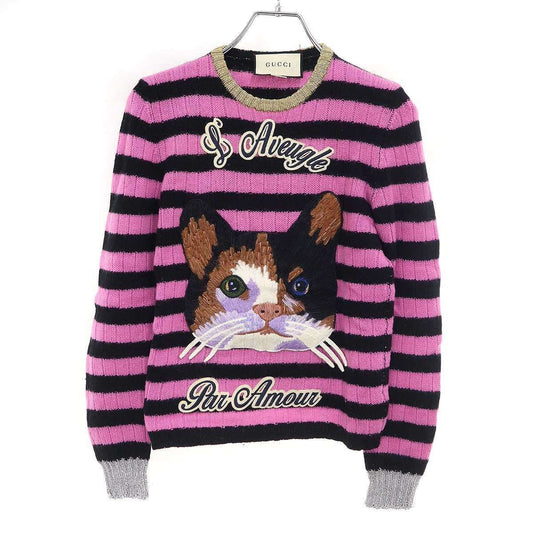 Gucci Cat Border Wool Cashmere Knit Sweater Pink Black XS