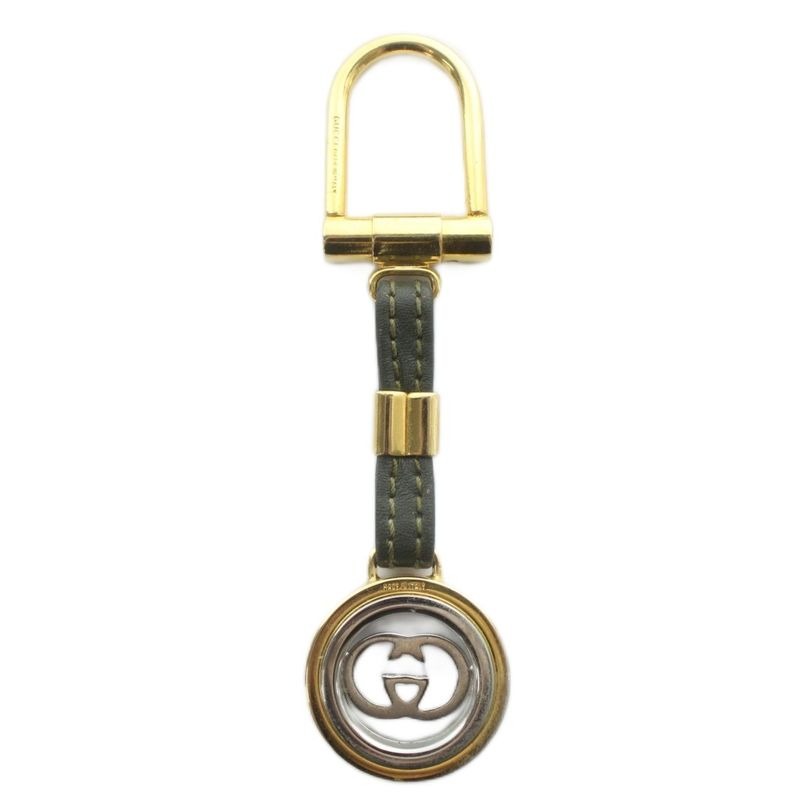Gucci Vintage Key Ring Holder Leather Interlocking Gold Color Silver