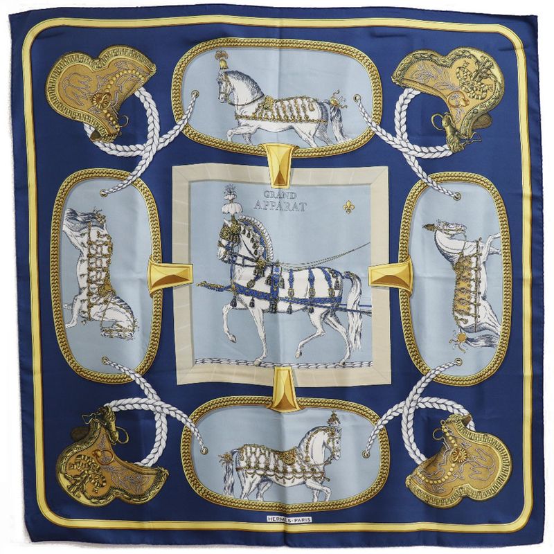 Hermes Carré 90 Grand Apparat Horse Silk Blue Women's Scarf
