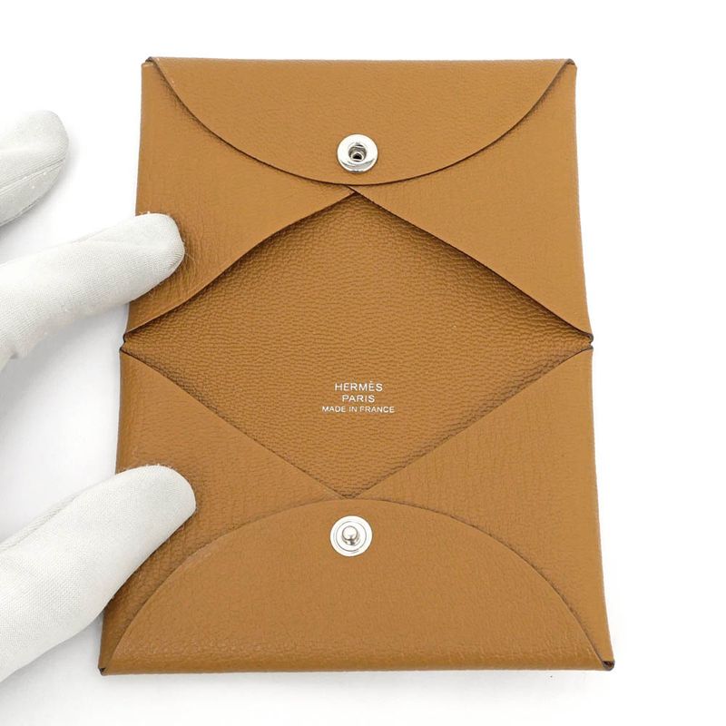 Hermes Calvi Sesame Brown Chevre B Engraved Silver Hardware Card Holder