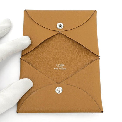 Hermes Calvi Sesame Brown Chevre B Engraved Silver Hardware Card Holder