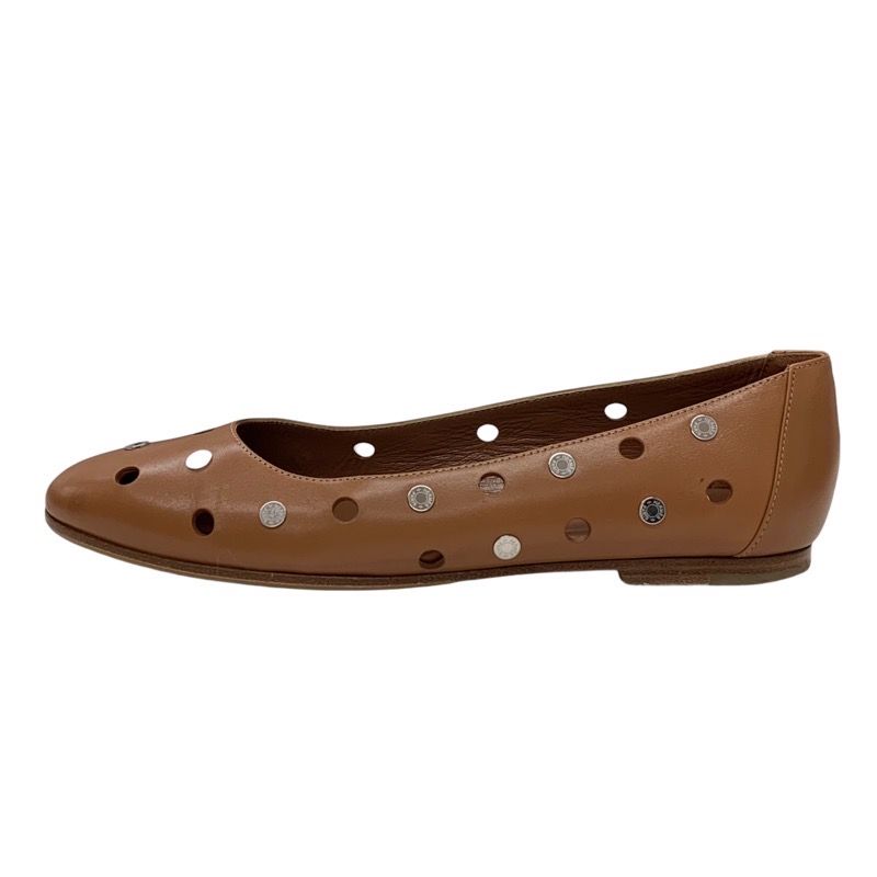 Hermes Flat Shoes Leather Brown Silver Punching Serie Button