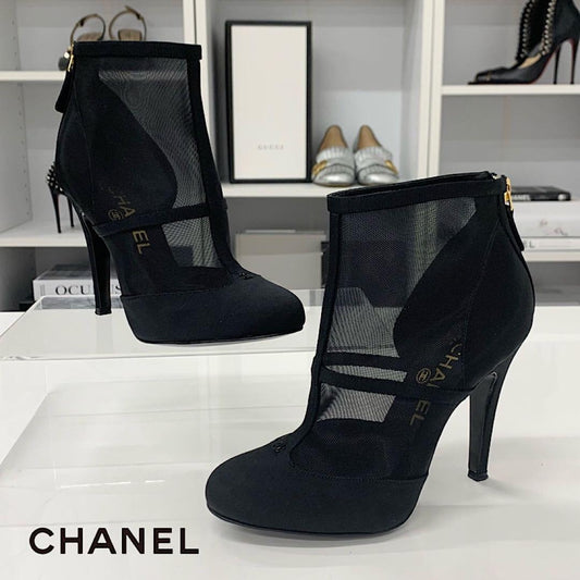 Chanel Mesh Fabric Coco Mark Short Boots Black