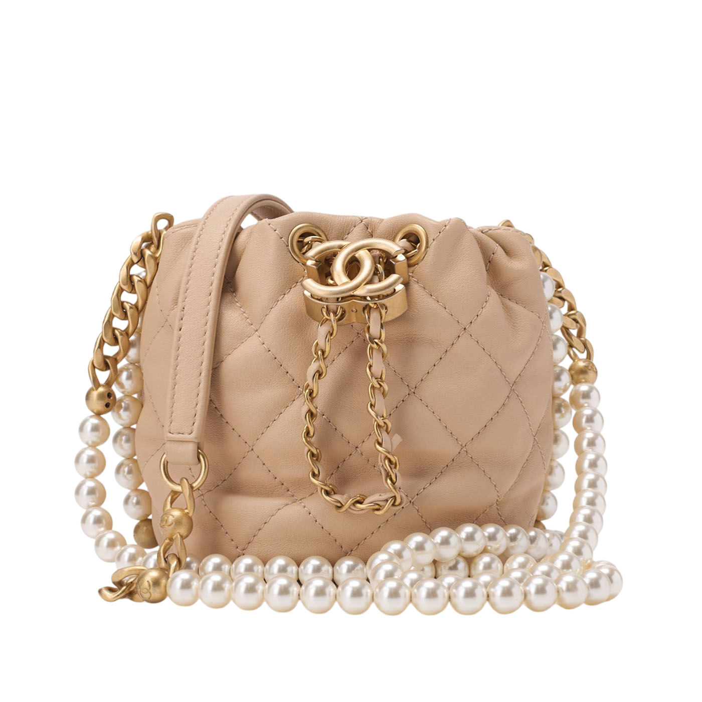Chanel Matelasse Pearl Drawstring Chain Shoulder Lamb Skin Beige With Gold