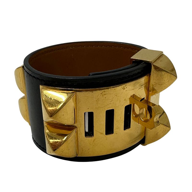 Hermes Bangle Women's Branded Collierd Chien Calf Black Gold Hardware Size XS