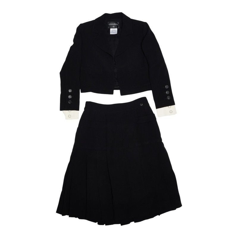 Chanel Coco Button Set Suit Jacket Skirt Black Silk