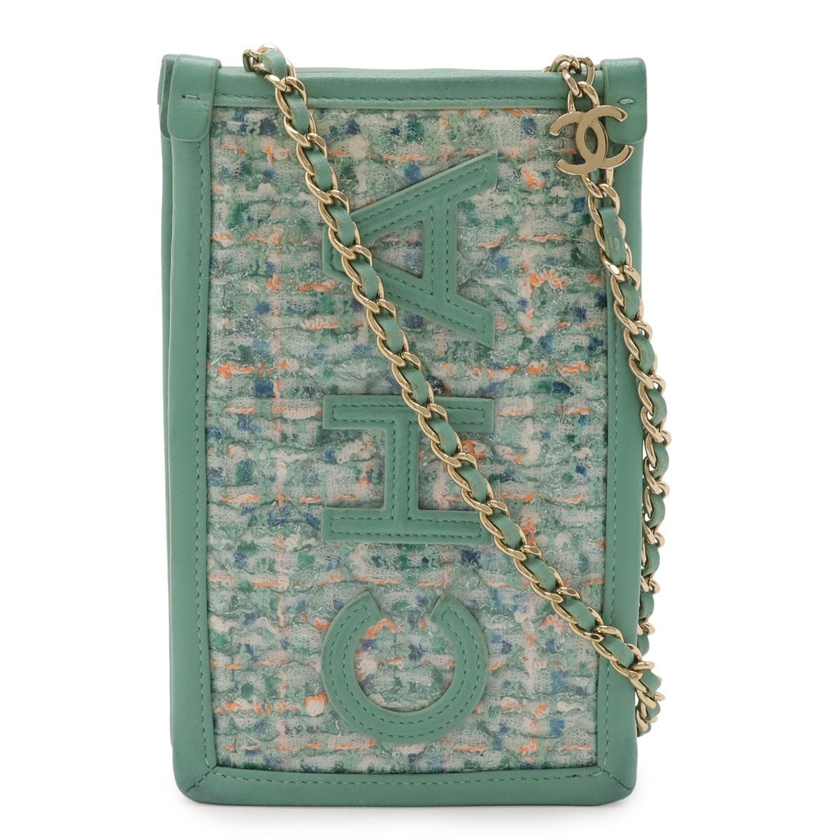 Chanel Logo Tweed Chain Shoulder Pouch Vinyl Leather Clear