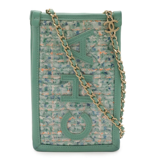 Chanel Logo Tweed Chain Shoulder Pouch Vinyl Leather Clear