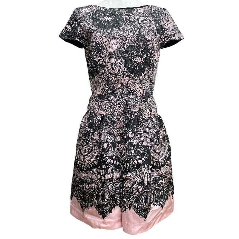 Prada Flower Lace Print Short Sleeve Dress Size 38 Pink Black