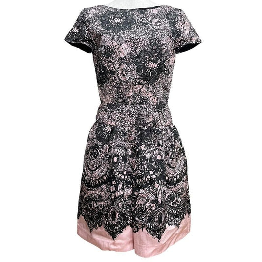 Prada Flower Lace Print Short Sleeve Dress Size 38 Pink Black