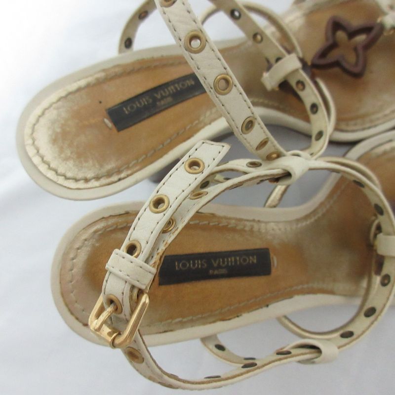 Louis Vuitton Leather Monogram Flower Strap Wedge Sole Sandals Small Size 34