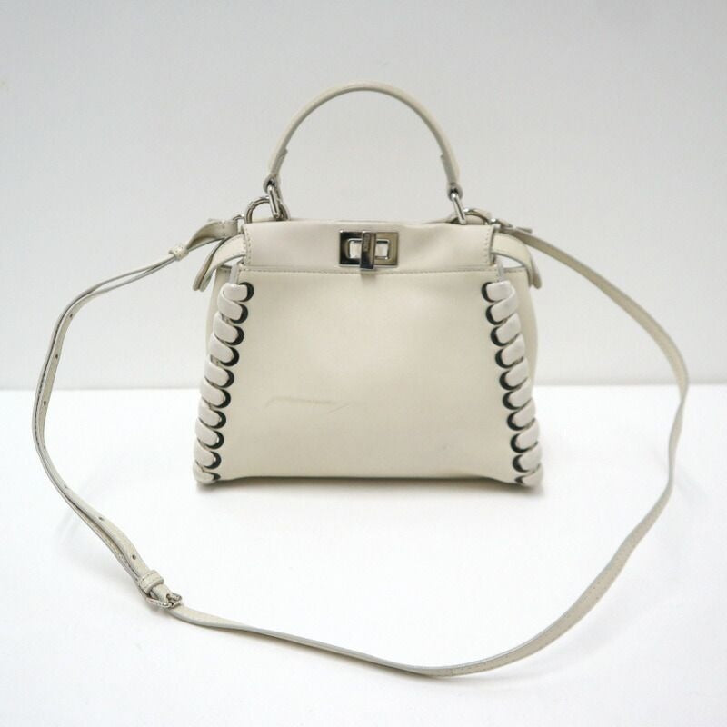 Fendi Peekaboo Mini 2-Way Shoulder Bag White Silver Leather