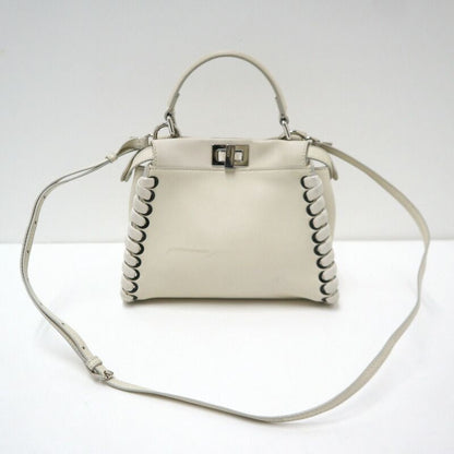 Fendi Peekaboo Mini 2-Way Shoulder Bag White Silver Leather
