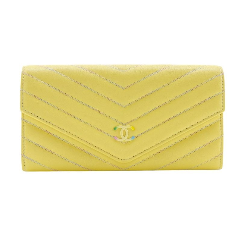 Chanel V Stitch Coco Mark Lambskin Yellow Long Wallet