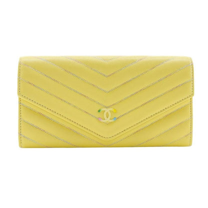 Chanel V Stitch Coco Mark Lambskin Yellow Long Wallet