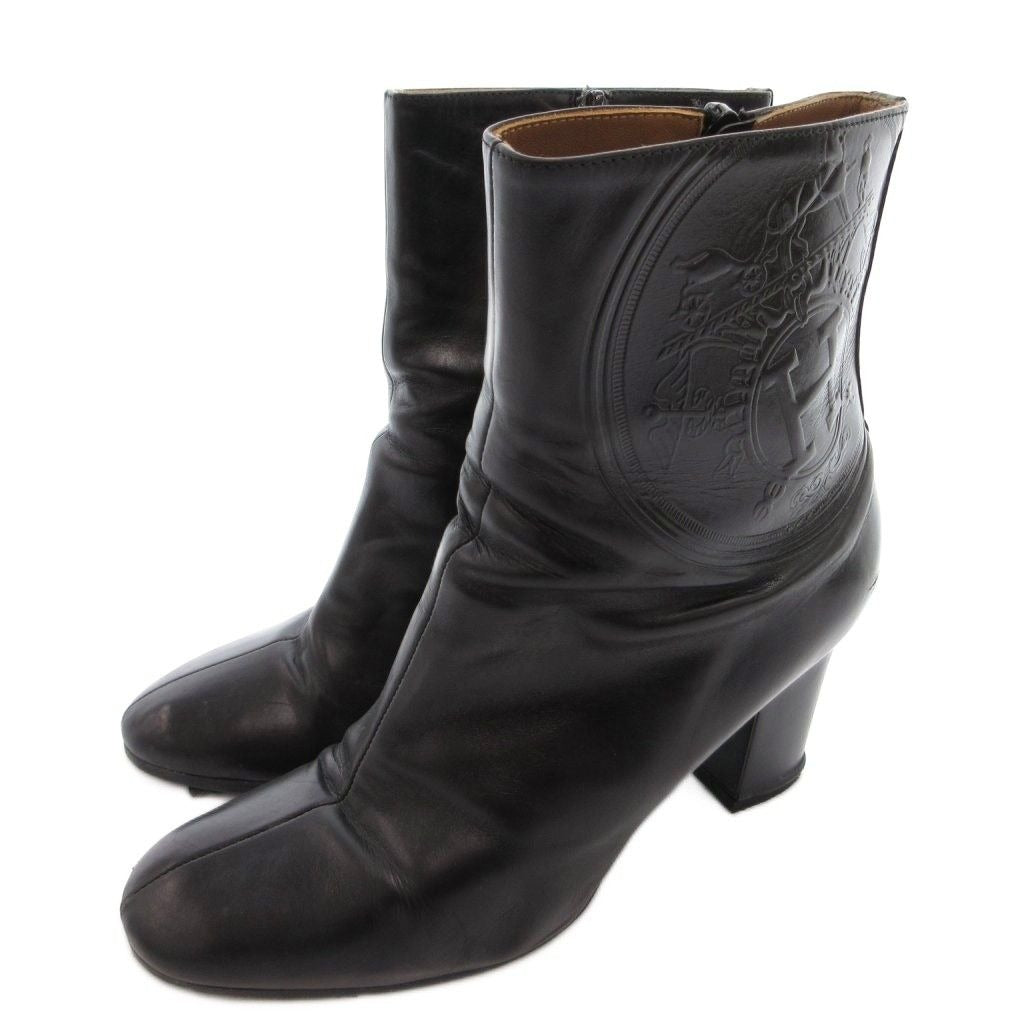 Hermes Exlibris Short Boots Embossed Logo Side Zip 38 Black YJ