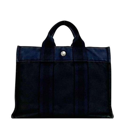 Hermes Handbag Deauville PM Black Navy Excellent Condition Canvas