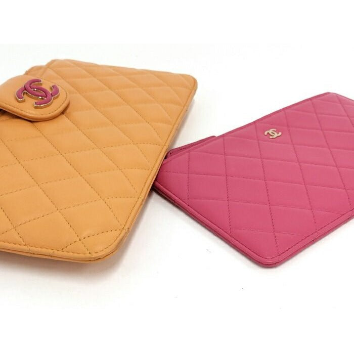 Chanel Quilted Pouch Set Leather Orange Pink Ap3659 — view 4