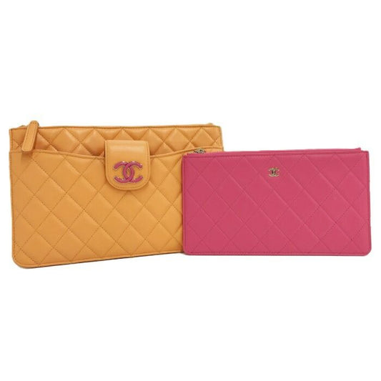 Chanel Quilted Pouch Set Leather Orange Pink Ap3659