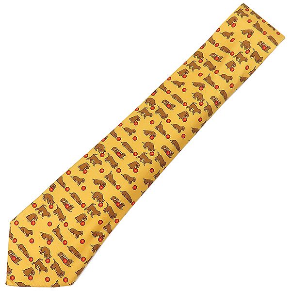 Hermes Necktie 9cm (3.54in) Silk Yellow Dog Ball All Over Animal Pattern [box