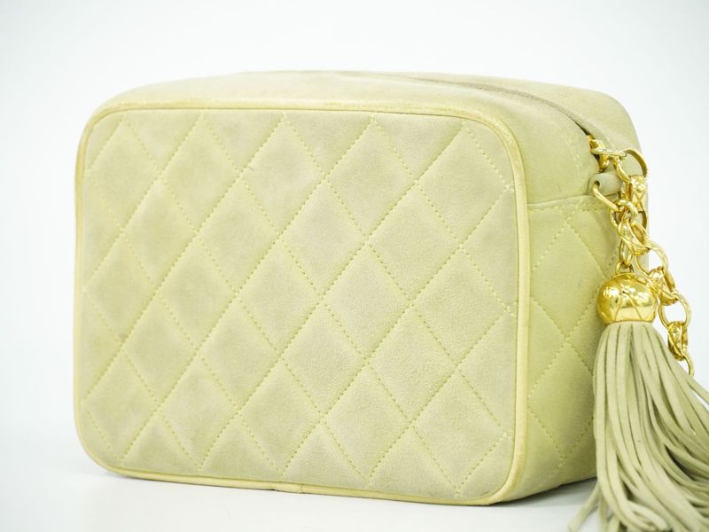 Authentic Chanel Coco Mark Tassel Shoulder Bag Pochette Suede Leather Light