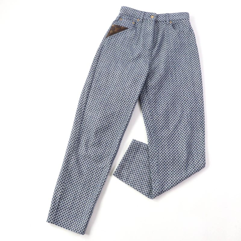 Louis Vuitton 2022 Monogram Leather Patched Damier Pattern Denim Pants Navy 34