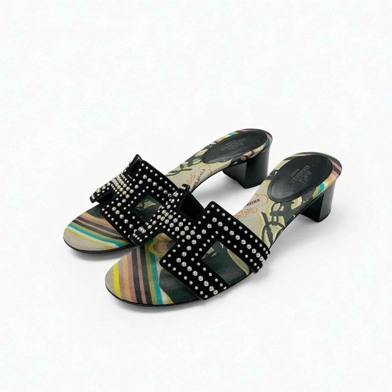 Hermes Oasis Sandals Shoes Suede Black Multicolor Studded Mules