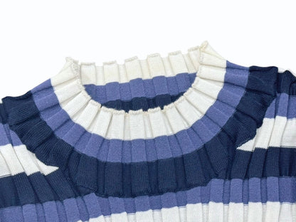 Louis Vuitton Border Rib Knit Short Sleeve Top Blue White Sweater — view 6