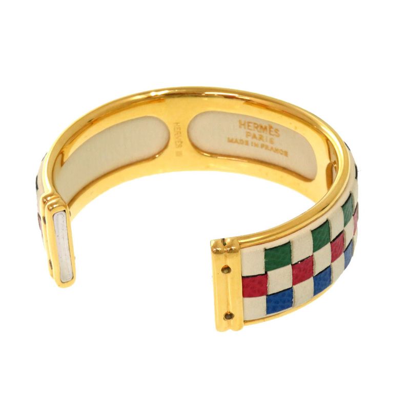 Hermes Checker Metal Leather Multicolor Gold Hardware Bangle Accessories 1151