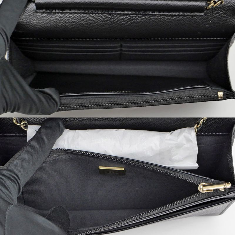 Chanel Chain Wallet Ap4653 Grained Shiny Calfskin Black Gold Hardware
