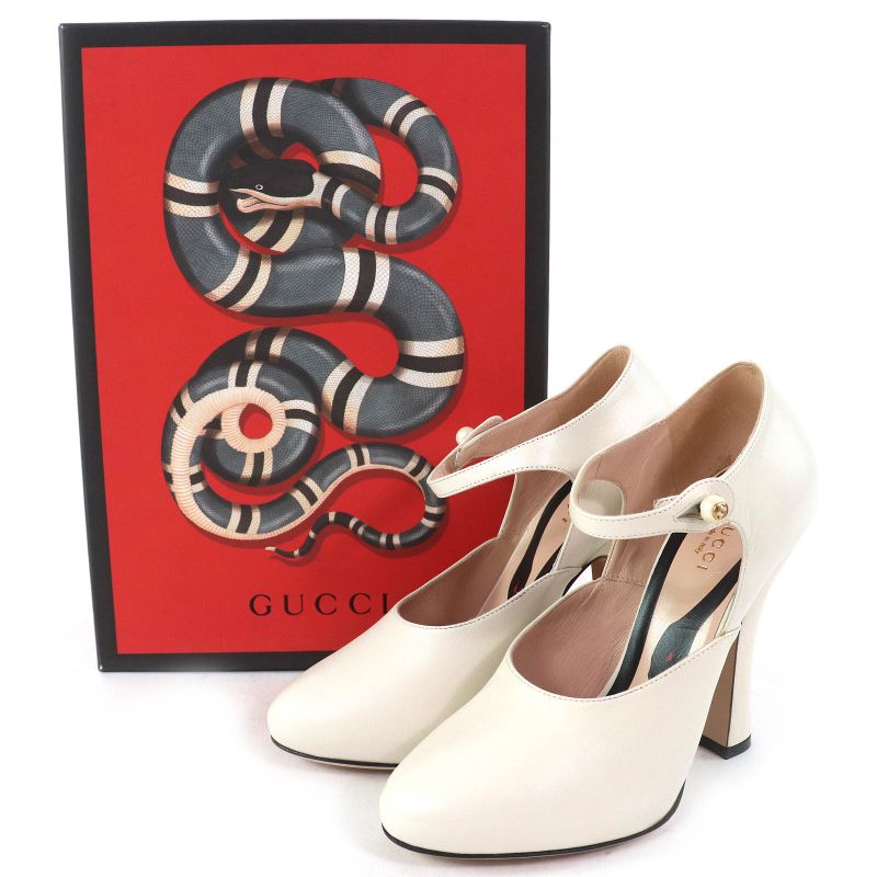 Gucci 447599 Leather Interlocking G Pearl Ankle Strap Round Toe Pumps Ivory 37