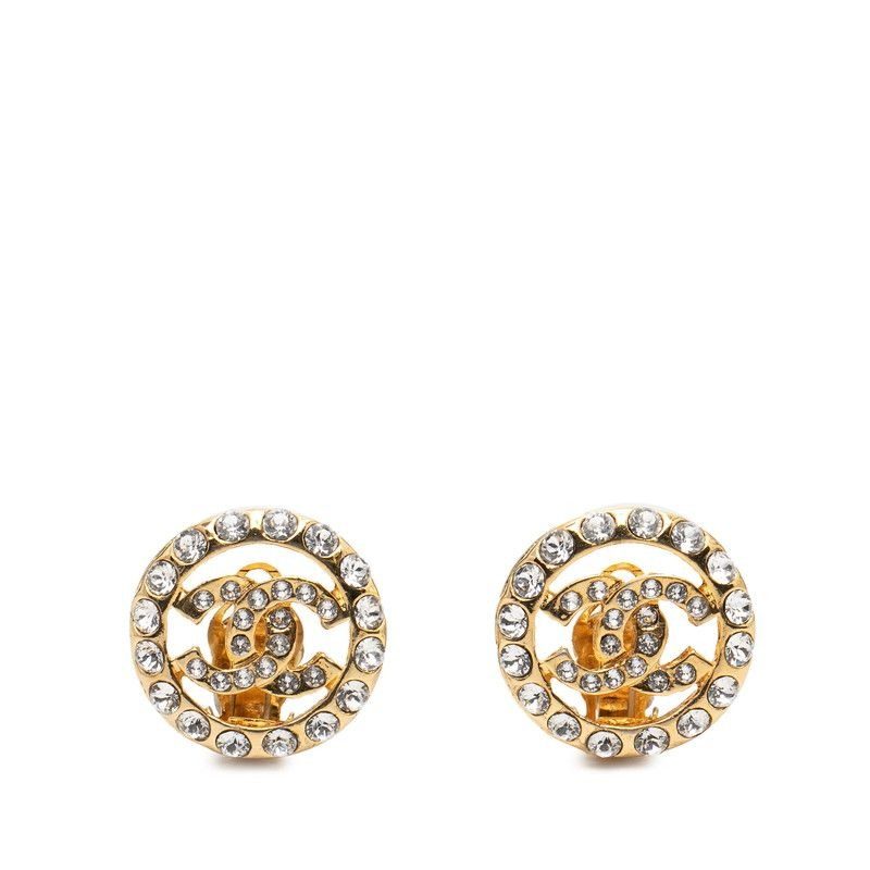 Chanel CC Logo Earrings Gold Plated Line Stone